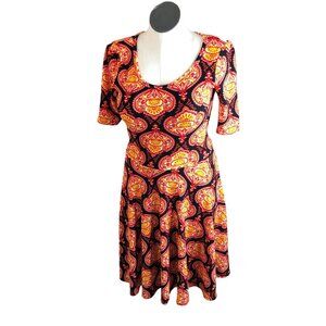 LuLaRoe Women's Nicole Dress Size L Paisley Print Stretchy Sleeves Red Black